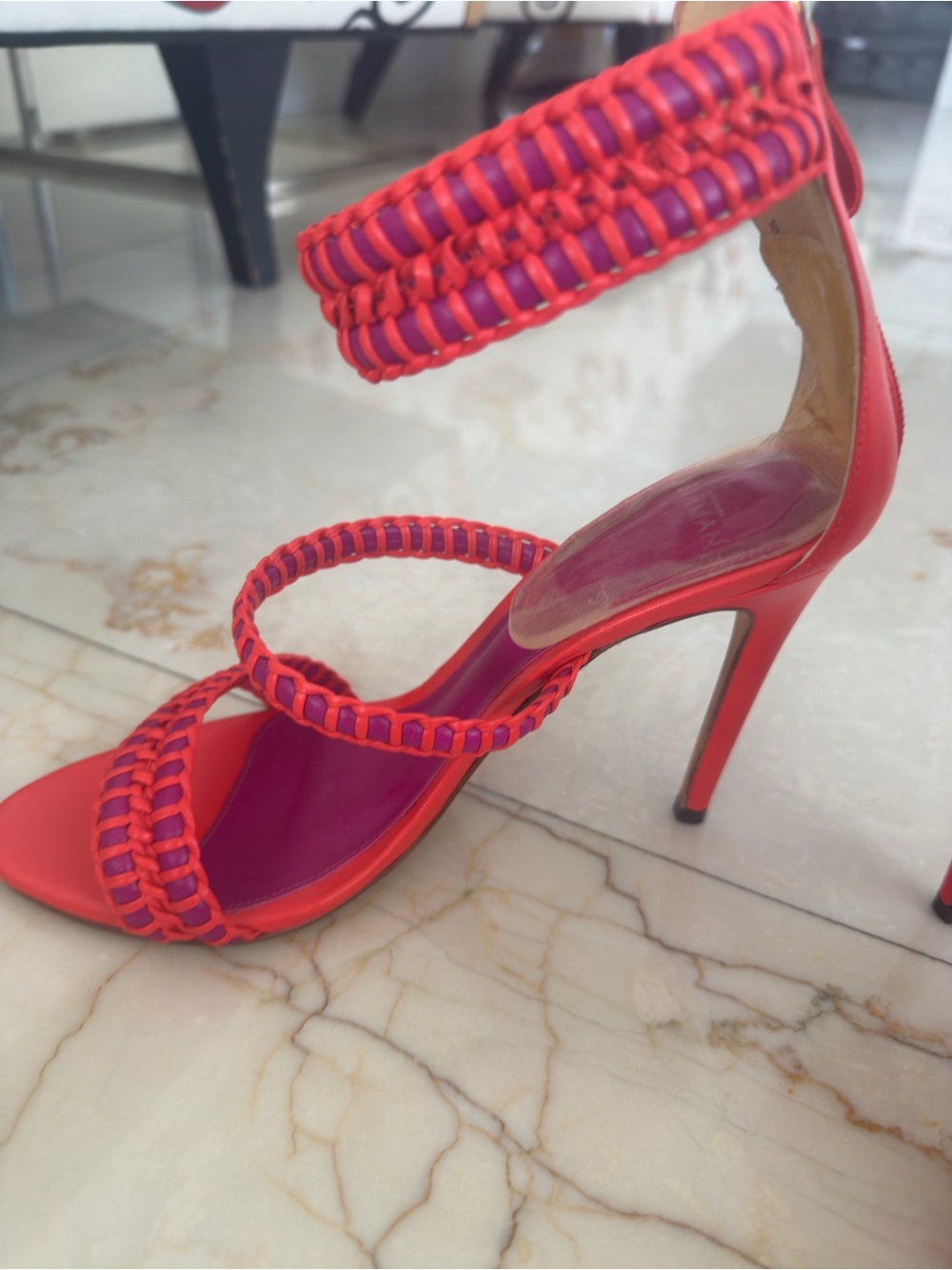 Alexandre Birman Coral and Fuchsia Braided Stiletto Sandals